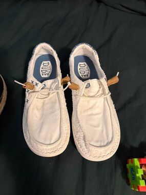 Hey Dude Women's White Canvas Slip-On Sneakers with Tan Accents